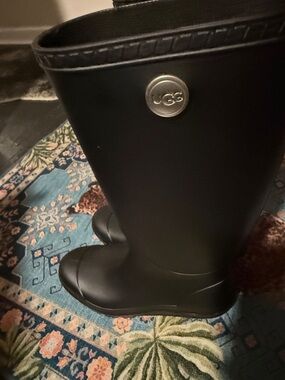 UGG Black Matte Tall Rain Boots with Logo Button